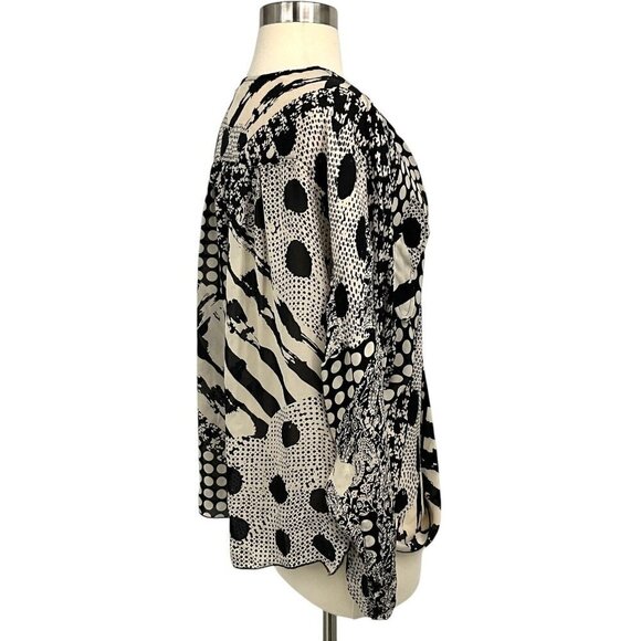 Love Johnny Was Faux Wrap Blouse Black Cream Size S Mixed Media Silk Long Sleeve - Picture 7 of 9
